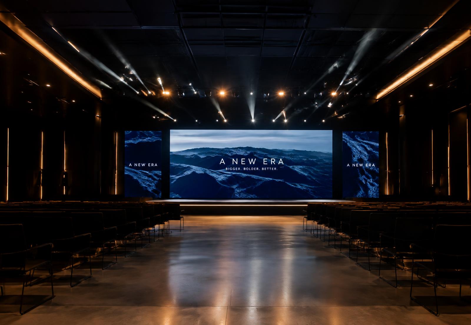 Salón corporativo con escenario y pantalla LED
