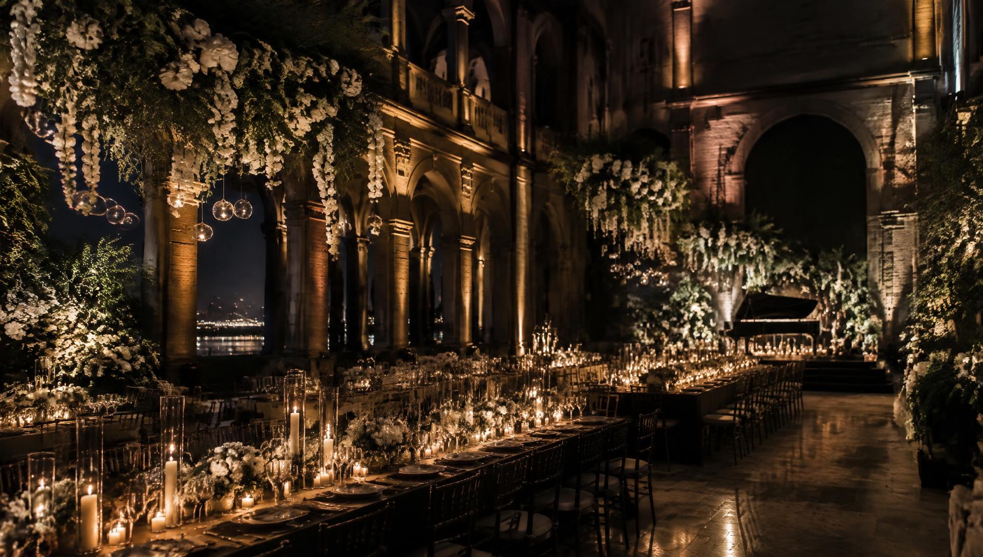Montaje de un evento nocturno con mesas largas, velas e instalaciones florales