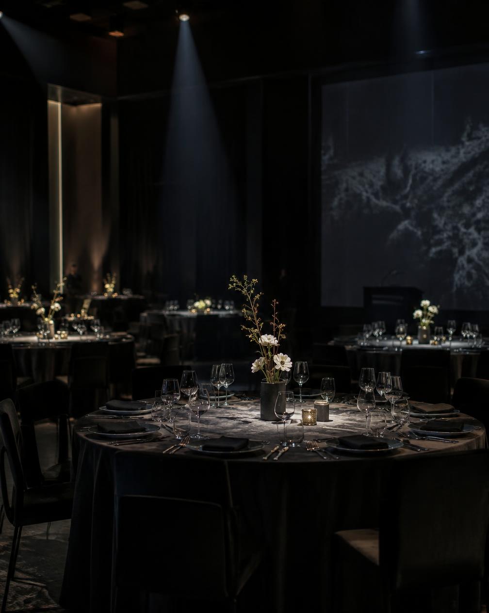 Montaje de cena de gala corporativa con iluminación puntual